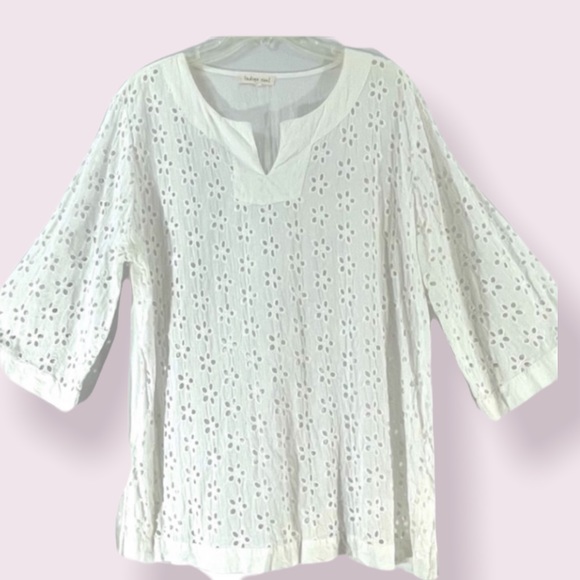 INDIGO SOUL white eyelet boho bell sleeve top EX L - Picture 2 of 11